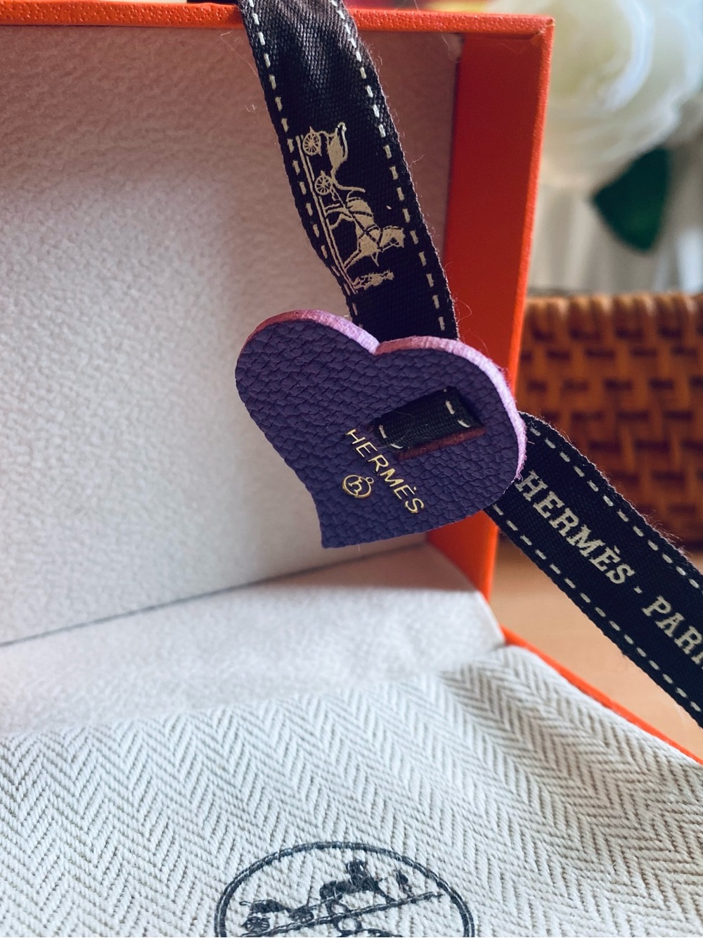 🛍️ Hermès Authentic Petit H Purple Heart Leather Charm with Ribbon
